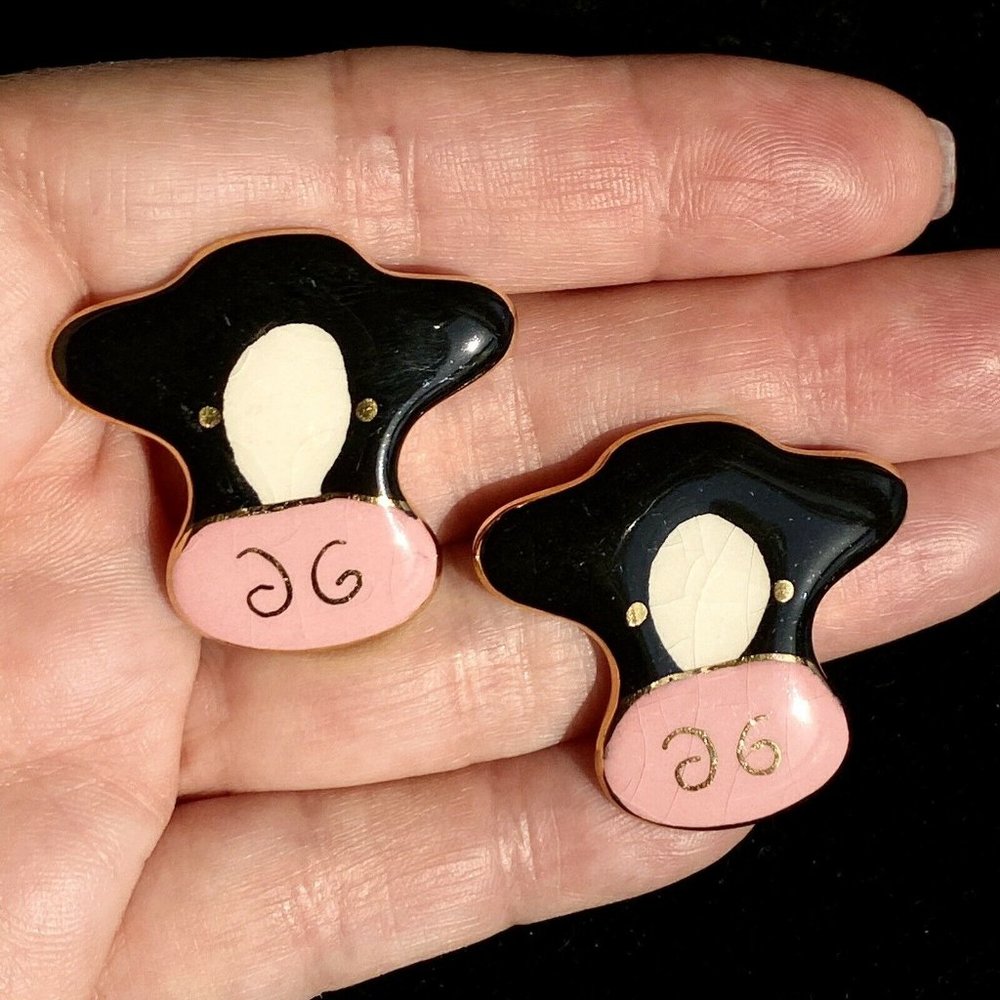 Cute Enamel Cow Black Pink Gold Pierced Earrings 1 1/4” Lightweight